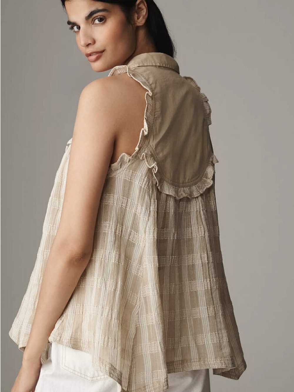 Anthropologie Ruffle Sleeveless Boho Blouse Neutral Romantic Top Size S - Picture 2 of 7